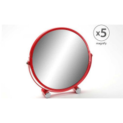 Espejo de baño redondo con 5 aumentos y el borde en color rojo